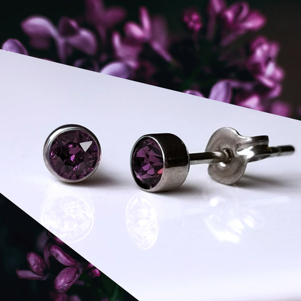 Amethyst Purple Crystal Titanium Stud Earrings, 4mm