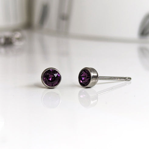 Amethyst Purple Crystal Titanium Stud Earrings, 4mm