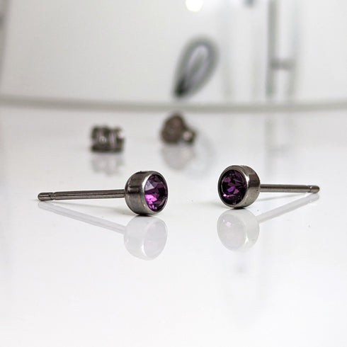 Amethyst Purple Crystal Titanium Stud Earrings, 4mm