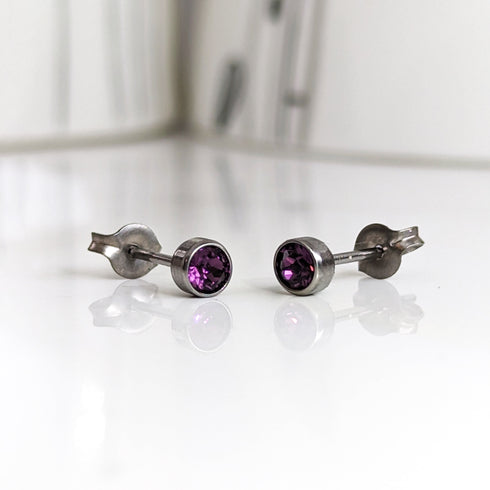 Amethyst Purple Crystal Titanium Stud Earrings, 4mm