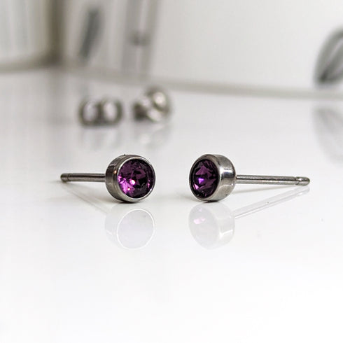 Amethyst Purple Crystal Titanium Stud Earrings, 4mm