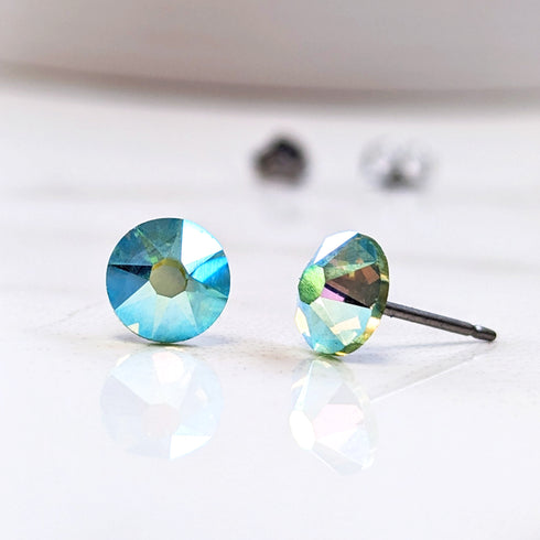 Peridot AB Green Crystal Titanium Earrings, 6.5mm