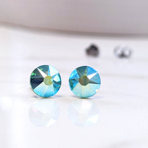 Peridot AB Green Crystal Titanium Earrings, 6.5mm