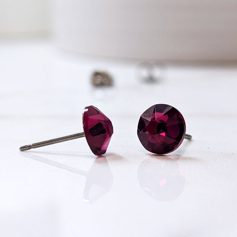 Ruby Red Crystal Titanium Earrings, 6.5mm