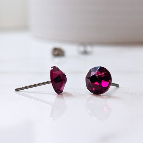 Ruby Red Crystal Titanium Earrings, 6.5mm