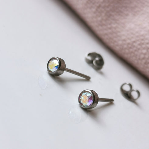 Rainbow AB Crystal Titanium Stud Earrings, 4mm