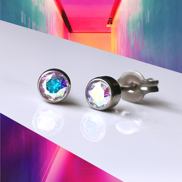 Rainbow AB Crystal Titanium Stud Earrings, 4mm