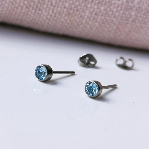 Aquamarine Blue Crystal Titanium Stud Earrings, 4mm