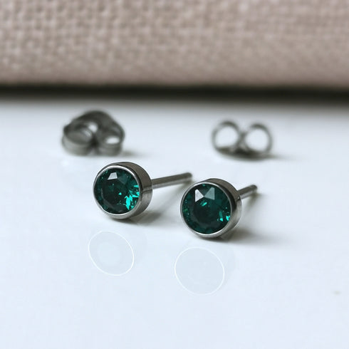 Emerald Green Crystal Titanium Stud Earrings, 4mm