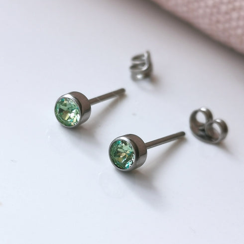 Green Peridot Crystal Titanium Stud Earrings, 4mm
