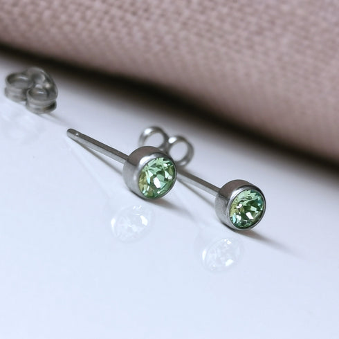 Green Peridot Crystal Titanium Stud Earrings, 4mm