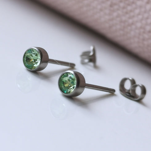 Green Peridot Crystal Titanium Stud Earrings, 4mm