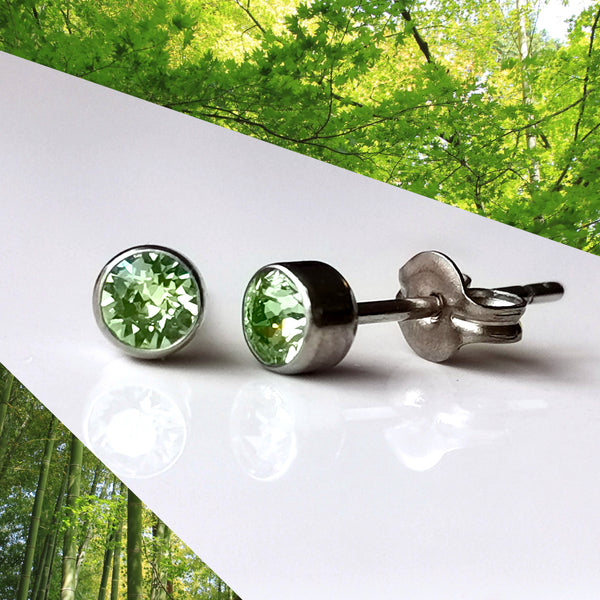 Green Peridot Crystal Titanium Stud Earrings, 4mm