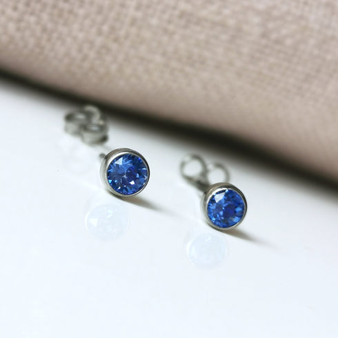 Sapphire Blue Crystal Titanium Stud Earrings, 4mm