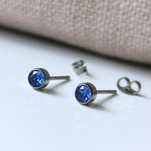 Sapphire Blue Crystal Titanium Stud Earrings, 4mm