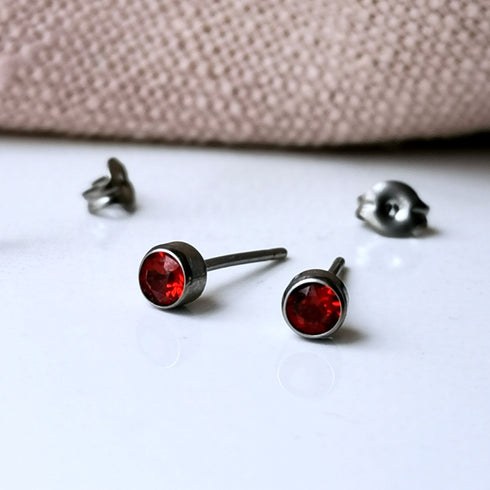 Burgundy Siam Red Crystal Titanium Stud Earrings, 4mm