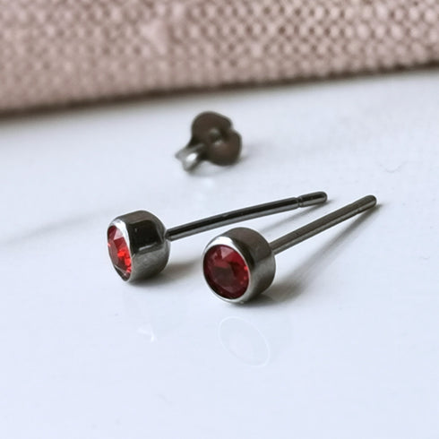 Burgundy Siam Red Crystal Titanium Stud Earrings, 4mm
