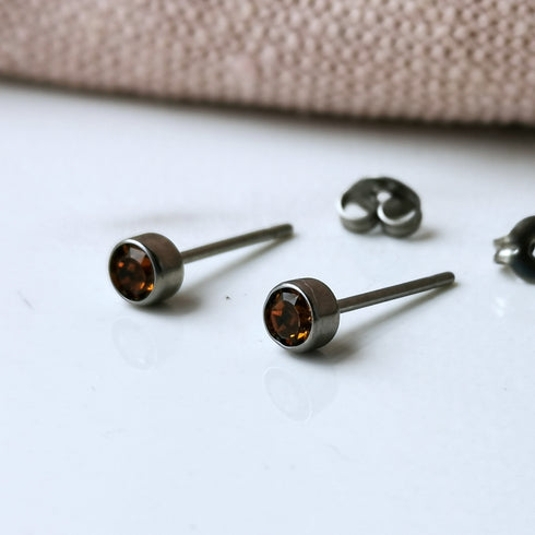 Smoked Topaz Crystal Titanium Stud Earrings, 4mm