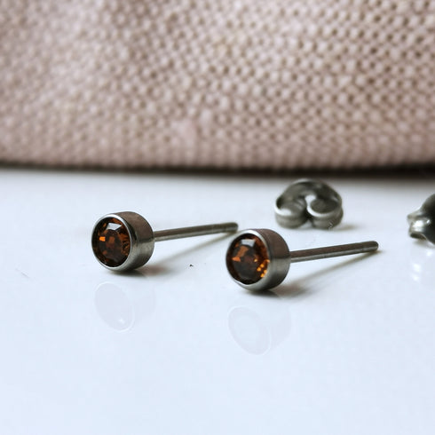 Smoked Topaz Crystal Titanium Stud Earrings, 4mm