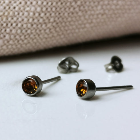 Smoked Topaz Crystal Titanium Stud Earrings, 4mm