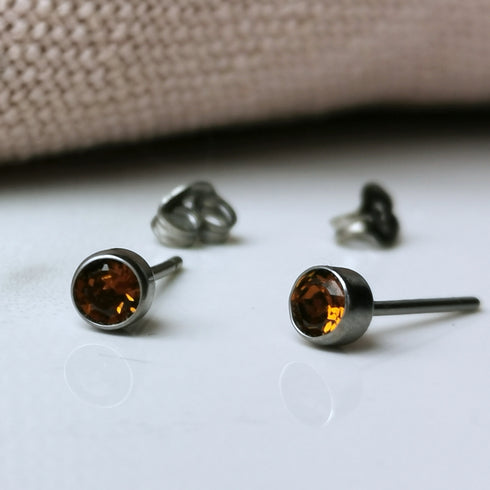 Smoked Topaz Crystal Titanium Stud Earrings, 4mm