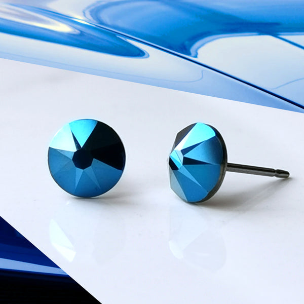 Metallic Blue Crystal Titanium Earrings, 6.5mm