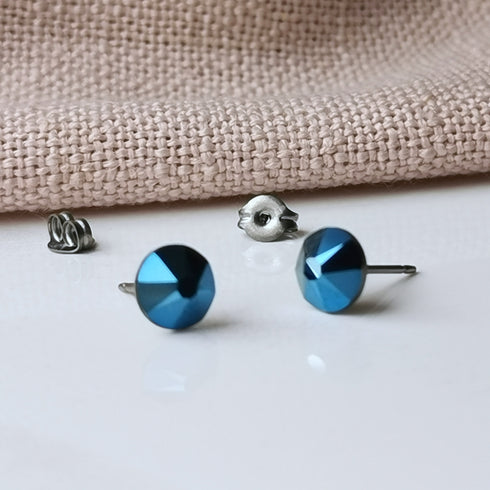 Metallic Blue Crystal Titanium Earrings, 6.5mm