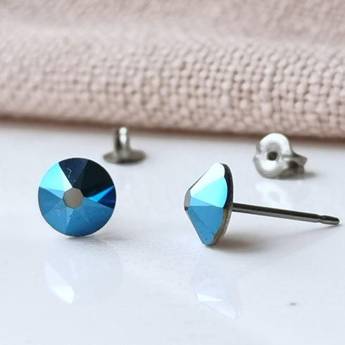 Metallic Blue Crystal Titanium Earrings, 6.5mm