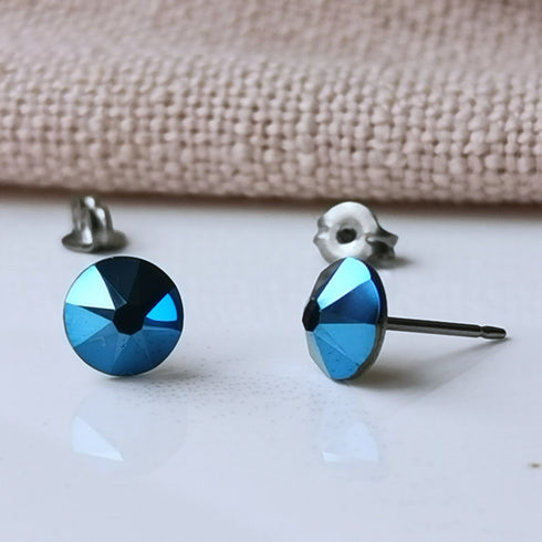 Metallic Blue Crystal Titanium Earrings, 6.5mm