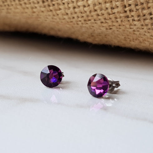 Amethyst Purple Crystal Titanium Earrings, 6.5mm