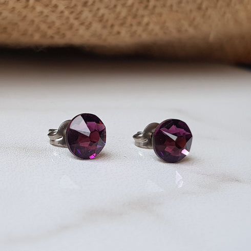 Amethyst Purple Crystal Titanium Earrings, 6.5mm