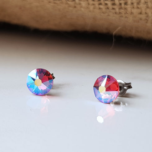 Rose Pink AB Crystal Titanium Earrings, 6.5mm
