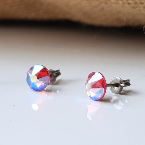 Rose Pink AB Crystal Titanium Earrings, 6.5mm