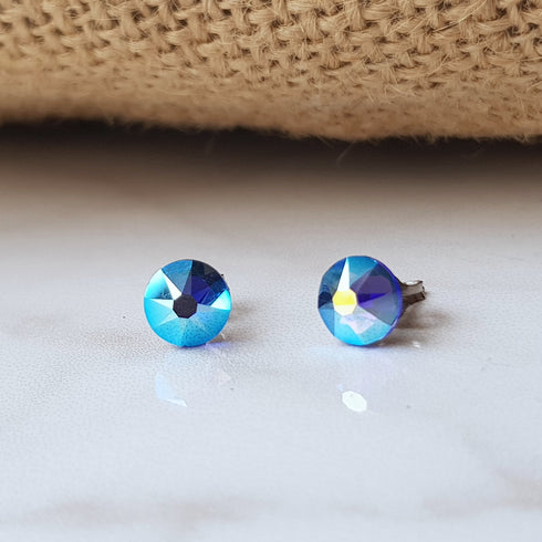 Sapphire Blue AB Crystal Titanium Earrings, 6.5mm