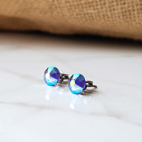Sapphire Blue AB Crystal Titanium Earrings, 6.5mm