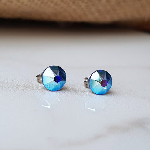 Sapphire Blue AB Crystal Titanium Earrings, 6.5mm