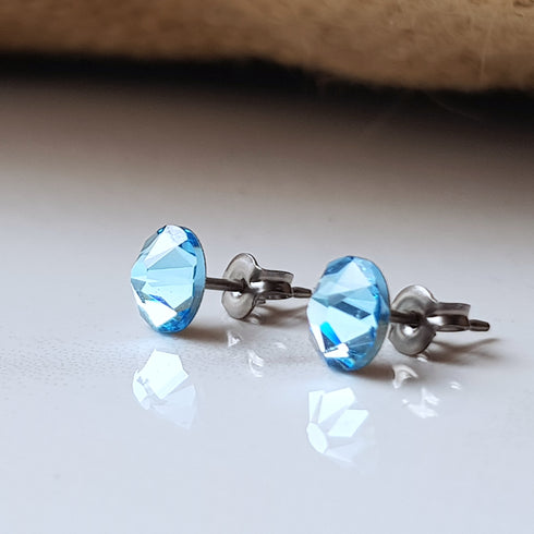 Aquamarine Blue Crystal Titanium Earrings, 6.5mm