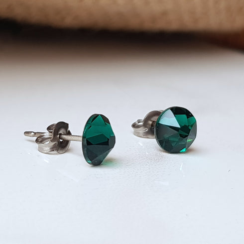 Emerald Green Crystal Titanium Earrings, 6.5mm