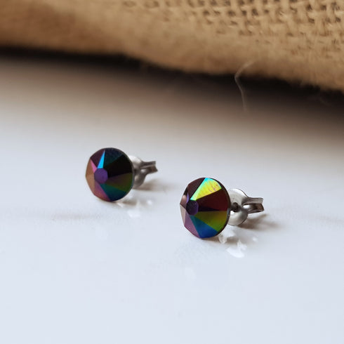 Dark Rainbow Crystal Titanium Earrings, 6.5mm