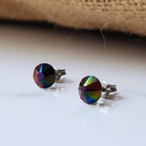 Dark Rainbow Crystal Titanium Earrings, 6.5mm