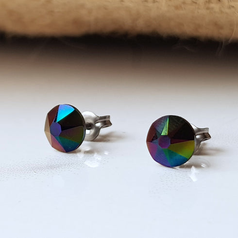 Dark Rainbow Crystal Titanium Earrings, 6.5mm