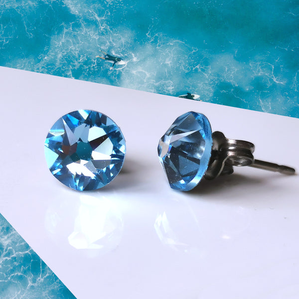 Aquamarine Blue Crystal Titanium Earrings, 6.5mm