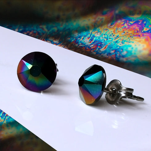 Dark Rainbow Crystal Titanium Earrings, 6.5mm