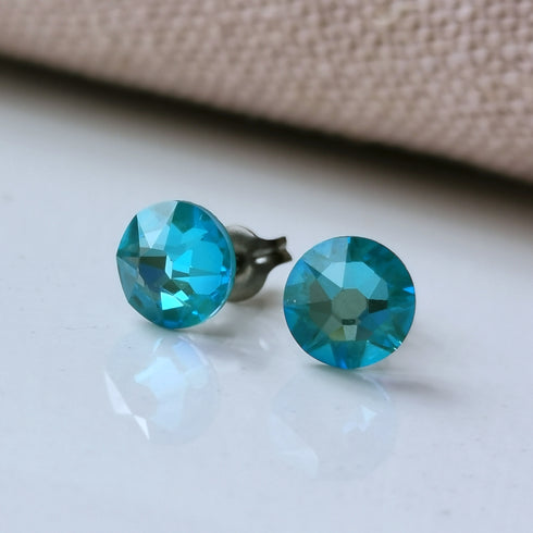 Laguna Blue Crystal Titanium Earrings, 6.5mm