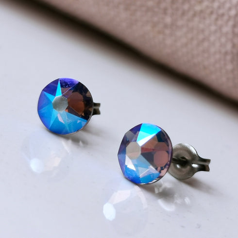 Tanzanite Blue Shimmer Crystal Titanium Earrings, 6.5mm