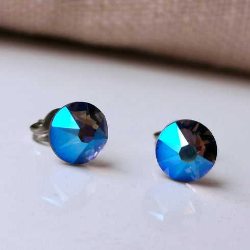 Tanzanite Blue Shimmer Crystal Titanium Earrings, 6.5mm