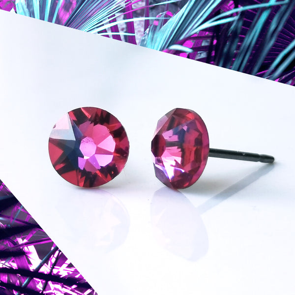 Fushia Crystal Titanium Earrings, 6.5mm