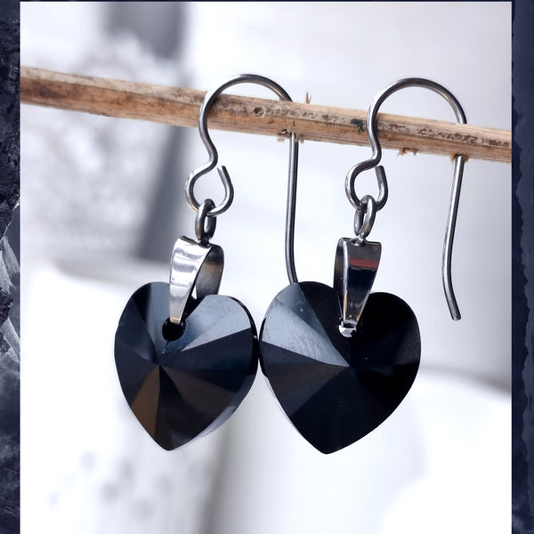 Jet Black Crystal Titanium Drop Earrings